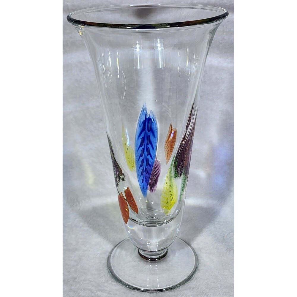 DANSK BURCHETTA 10" Flared Footed Handblown Glass Vase Multi-colored Leaf Inlays
